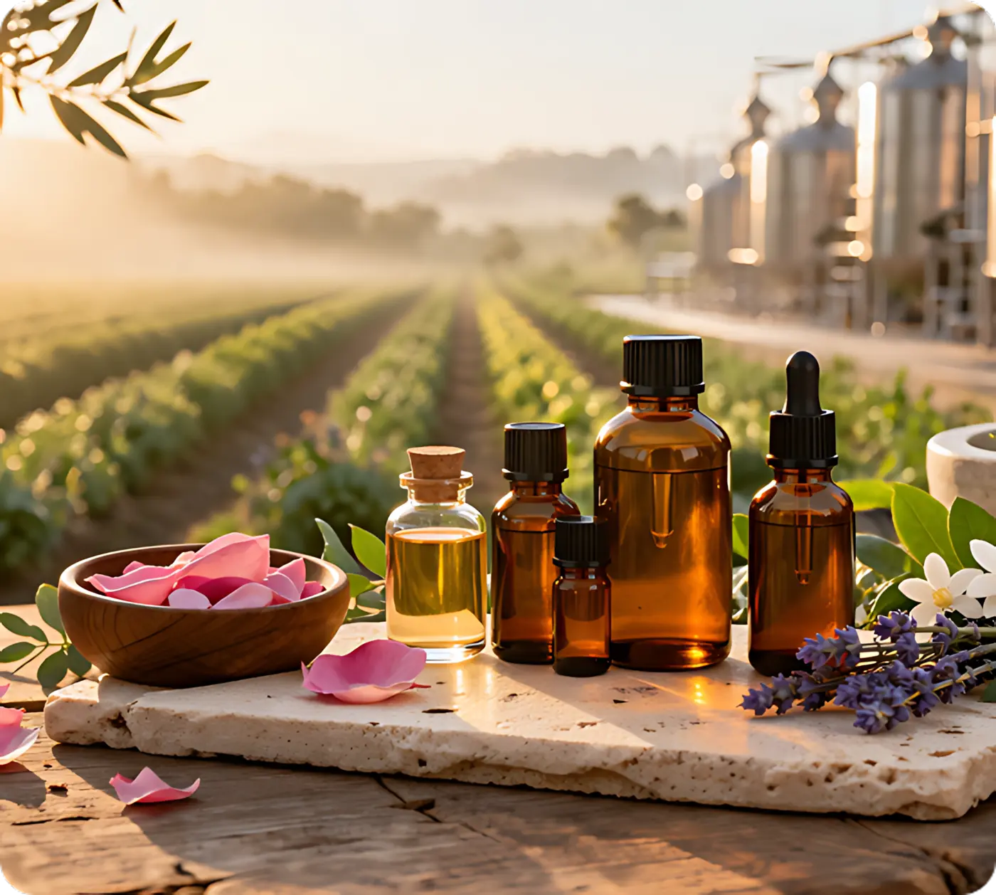 Essential oil bottles in the field